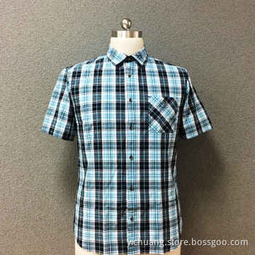 Chemise à manches courtes pour hommes en coton à carreaux teints